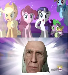 Size: 639x700 | Tagged: alicorn flash, an old man with lovely eyes, applejack, creepy ps4 head, derpibooru import, exploitable meme, fluttershy, hub logo, meme, pinkie pie, rainbow dash, rarity, safe, spike, the future, the future is scary