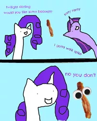 Size: 900x1112 | Tagged: artist:wollap, bacon, comic, derpibooru import, food, googly eyes, implied murder, meat, ms paint, rarity, safe, spike, twilight sparkle