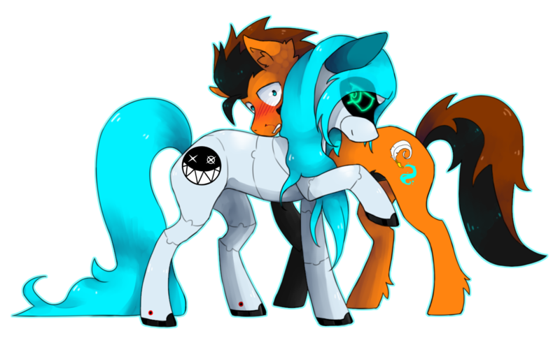 Size: 1299x786 | Tagged: safe, artist:rapiditycharge, derpibooru import, oc, oc:cloudsmasher, unofficial characters only, earth pony, pony, robot, blushing