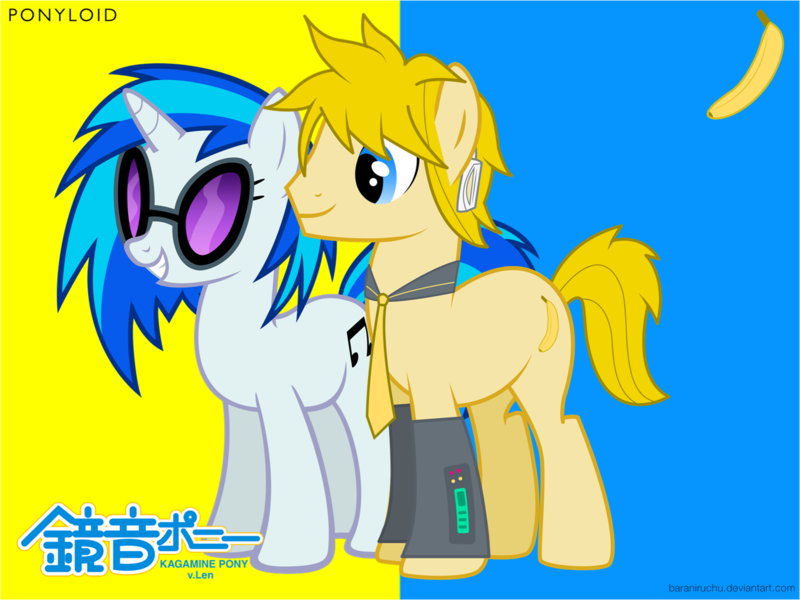 Size: 1502x1127 | Tagged: safe, artist:zeldagirl4287, derpibooru import, vinyl scratch, ponified, pony, crossover, female, japanese, kagamine len, male, mare, stallion, vocaloid