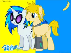 Size: 1502x1127 | Tagged: safe, artist:zeldagirl4287, derpibooru import, vinyl scratch, ponified, pony, crossover, female, japanese, kagamine len, male, mare, stallion, vocaloid