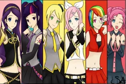 Size: 1500x1000 | Tagged: akita neru, applejack, artist:faruxfaru, belly button, crossover, derpibooru import, fanloid, fluttershy, hatsune miku, human, humanized, kagamine rin, kasane teto, mane six, megurine luka, meiko, midriff, pinkie pie, rainbow dash, rarity, safe, twilight sparkle, utauloid, vocaloid