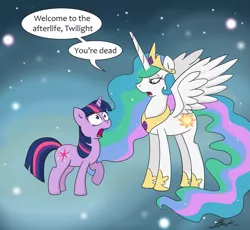 Size: 977x900 | Tagged: safe, artist:caycowa, derpibooru import, princess celestia, twilight sparkle, alicorn, pony, unicorn, magical mystery cure, afterlife, dead, duo, ethereal mane, female, mare, princess celestia's special princess making dimension, q, star trek, star trek: the next generation, unicorn twilight, void, welcome to the afterlife