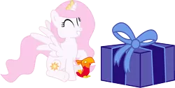 Size: 10002x5031 | Tagged: safe, artist:ulyssesgrant, derpibooru import, philomena, princess celestia, absurd resolution, cewestia, chick, cute, female, filly, grin, happy, present, simple background, smiling, transparent background, vector, younger