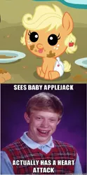 Size: 519x1047 | Tagged: applejack, baby, babyjack, bad luck brian, derpibooru import, exploitable meme, foal, image macro, meme, safe, younger