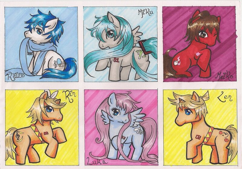 Size: 900x629 | Tagged: safe, artist:hoshi-kagami, derpibooru import, ponified, pony, hatsune miku, kagamine len, kagamine rin, kaito, megurine luka, meiko, traditional art, vocaloid