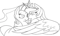 Size: 1186x714 | Tagged: artist:reiduran, bedroom eyes, boop, derpibooru import, eye contact, female, lesbian, looking at each other, noseboop, open mouth, princess celestia, rarilestia, rarity, safe, shipping, smiling, spread wings, wings