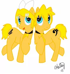 Size: 1356x1425 | Tagged: dead source, safe, artist:fireslazahs, derpibooru import, ponified, earth pony, pony, brother and sister, duo, female, kagamine len, kagamine rin, male, necktie, siblings, simple background, smiling, twins, vocaloid, white background