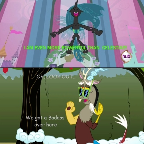 Size: 500x499 | Tagged: a canterlot wedding, changeling, changeling queen, comic sans, derpibooru import, discord, edit, edited screencap, female, hub logo, meme, queen chrysalis, safe, sarcasm, screencap, the return of harmony