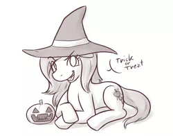 Size: 700x550 | Tagged: artist:shouk, derpibooru import, futa, halloween, holiday, intersex, jack-o-lantern, monochrome, oc, oc:cherryfiller, pumpkin, safe, solo, trick or treat, unofficial characters only, witch