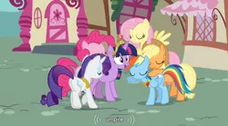 Size: 760x422 | Tagged: safe, derpibooru import, edit, edited screencap, screencap, applejack, fluttershy, pinkie pie, rainbow dash, rarity, twilight sparkle, magical mystery cure, big crown thingy, caption, element of magic, jewelry, meme, necklace, regalia, youtube caption