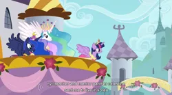 Size: 763x425 | Tagged: safe, derpibooru import, edit, edited screencap, screencap, princess celestia, princess luna, twilight sparkle, twilight sparkle (alicorn), alicorn, pony, magical mystery cure, caption, clothes, coronation, coronation dress, crown, dress, female, jewelry, mare, meme, regalia, wings, youtube caption