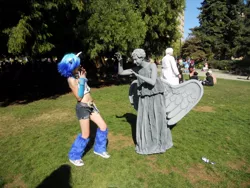 Size: 960x720 | Tagged: artist:romtorum5ever, clothes, convention, cosplay, costume, crossover, derpibooru import, doctor who, human, irl, irl human, kumoricon, photo, safe, statue, vinyl scratch, weeping angel