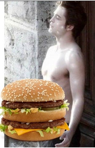 Size: 310x482 | Tagged: barely pony related, big mac (burger), big macintosh, burger, derpibooru import, edward cullen, female, food, hamburger, human, irl, irl human, male, mcdonald's, photo, pun, sandwich, shipping, straight, suggestive, twilight (series), twilight sparkle, twimac, visual pun