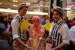 Size: 720x479 | Tagged: artist:ayeavast, artist needed, clothes, convention, cosplay, costume, derpibooru import, dragoncon, flam, flim, flim flam brothers, fluttershy, human, irl, irl human, photo, pouting, safe