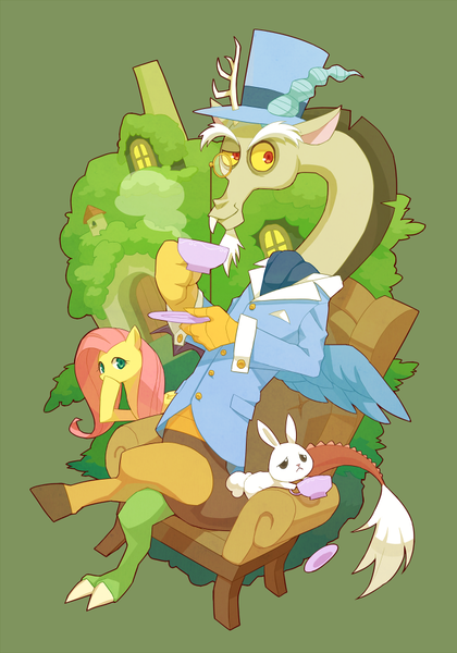 Size: 630x900 | Tagged: safe, artist:yow, derpibooru import, angel bunny, discord, fluttershy, draconequus, pony, rabbit, animal, chair, female, fluttershy's cottage, food, male, pixiv, tea