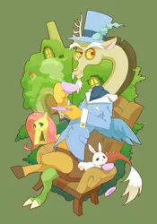 Size: 630x900 | Tagged: safe, artist:yow, derpibooru import, angel bunny, discord, fluttershy, draconequus, pony, rabbit, animal, chair, female, fluttershy's cottage, food, male, pixiv, tea