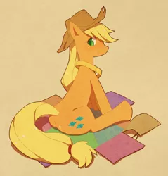 Size: 670x700 | Tagged: applejack, artist:yow, blushing, butt, derpibooru import, measuring tape, pixiv, plot, safe, sitting, solo, swapped cutie marks