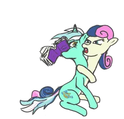 Size: 700x674 | Tagged: safe, artist:captain c., derpibooru import, bon bon, lyra heartstrings, sweetie drops, angry, bon bon is not amused, book, conjoined, female, frown, fused, fusion, hilarious in hindsight, lesbian, looking at each other, lyra is not amused, lyrabon, lyrabon (fusion), mouth hold, multiple heads, pushmi-pullyu, shipping, simple background, sitting, stuck together, together forever, transparent background, two heads, unamused, we have become one