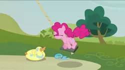 Size: 1136x640 | Tagged: safe, derpibooru import, screencap, pinkie pie, earth pony, pony, too many pinkie pies, animation error, eyes closed, female, goggles, inner tube, mare, snorkel, swimming goggles, swing