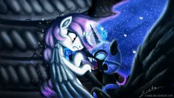 Size: 2000x1125 | Tagged: artist:esuka, battery, crying, derpibooru import, epic, fangs, fight, fighting is magic, nightmare moon, princess celestia, safe
