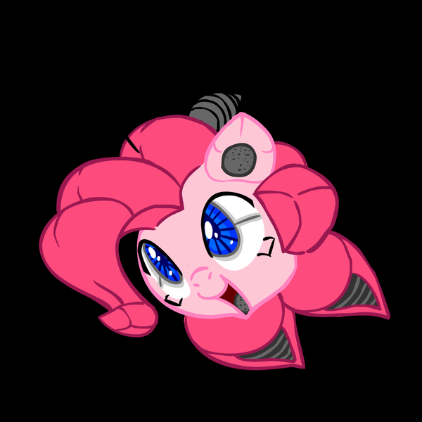 Size: 1280x1280 | Tagged: safe, artist:inkwell, derpibooru import, pinkie pie, oc, oc:pink-e, unofficial characters only, earth pony, parasprite, pony, robot, fallout equestria, fanfic, black background, fallout, fallout: new vegas, fanfic art, female, head, mare, ministry mares, open mouth, simple background, solo, spritebot