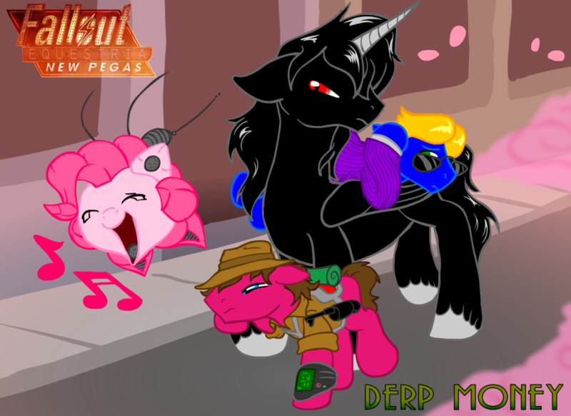 Size: 917x667 | Tagged: safe, artist:inkwell, derpibooru import, pinkie pie, oc, oc:cherry pie, oc:pink-e, alicorn, earth pony, pony, robot, fallout equestria, fanfic, alicorn oc, colored hooves, domino mask, eyes closed, fallout, fallout: new vegas, fanfic art, female, floppy ears, flying, god, hat, hooves, horn, male, mare, ministry mares, new pegas, open mouth, pipbuck, stallion, sunglasses, text, wings