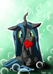 Size: 2000x2800 | Tagged: artist:neko-me, cute, cutealis, derpibooru import, heart, mouth hold, nymph, queen chrysalis, safe, solo