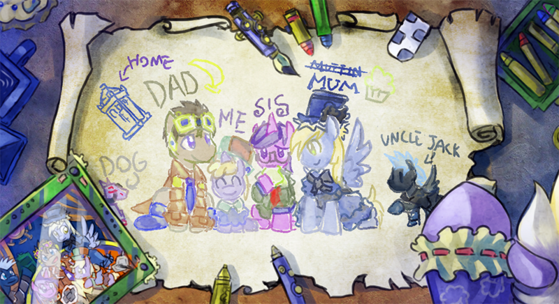 Size: 900x491 | Tagged: safe, artist:saturnspace, derpibooru import, amethyst star, derpy hooves, dinky hooves, doctor whooves, star hunter, time turner, pegasus, pony, clockwise whooves, crayon, drawing, female, goggles, jack harkness, k-9, mare, photo, steampunk