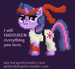 Size: 250x230 | Tagged: 30 minute art challenge, ask twisprite, clothes, cosplay, costume, derpibooru import, pixel art, ryu, safe, street fighter, twilight sparkle