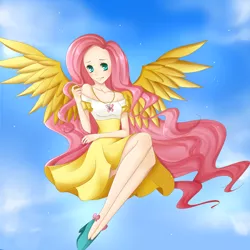 Size: 2000x2000 | Tagged: artist:mayokochan, breasts, clothes, delicious flat chest, derpibooru import, dress, flattershy, fluttershy, human, humanized, safe, skinny, solo, winged humanization, wings