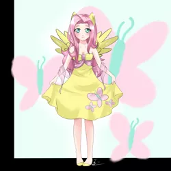 Size: 3000x3000 | Tagged: artist:crazyforgakupo, clothes, derpibooru import, dress, eared humanization, fluttershy, human, humanized, safe, solo, winged humanization, wings