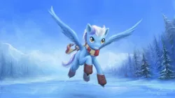 Size: 1920x1080 | Tagged: safe, artist:genjilim, derpibooru import, oc, unofficial characters only, pegasus, pony, clothes, flying, grin, hooves, ice, ice skates, ice skating, male, mist, mountain, scarf, signature, sky, smiling, snow, solo, spread wings, stallion, tree, wings, winter