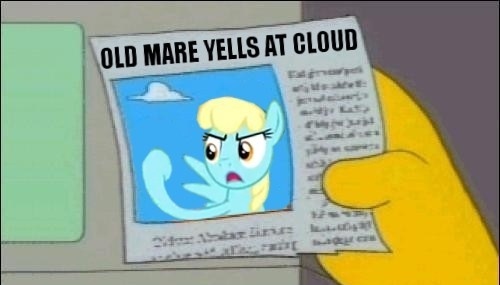 Size: 500x285 | Tagged: safe, derpibooru import, sassaflash, pegasus, pony, angry, cloud, female, frown, mare, newspaper, old man yells at cloud, open mouth, raised hoof, solo, the simpsons