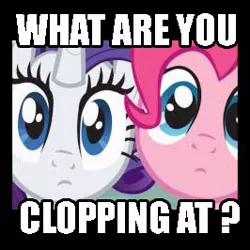 Size: 266x266 | Tagged: safe, derpibooru import, pinkie pie, rarity, pony, unicorn, caption, clopping, female, fourth wall, implied masturbation, looking at you, mare