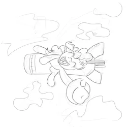 Size: 800x800 | Tagged: safe, artist:archonix, derpibooru import, pinkie pie, earth pony, pony, bomb, dr. strangelove, hat, lineart, monochrome, riding a bomb, solo, weapon