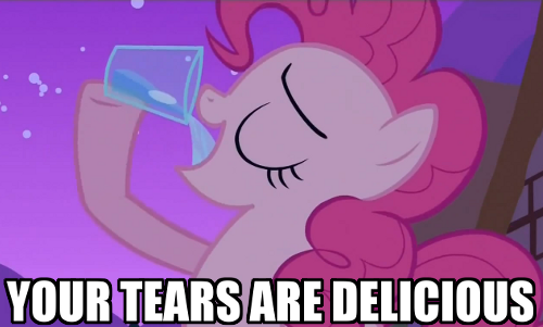 Size: 500x301 | Tagged: caption, cup, derpibooru import, image macro, magical mystery cure, pinkie pie, reaction image, safe, text, water, your tears are delicious