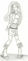 Size: 752x1654 | Tagged: artist:deathloc, clothes, derpibooru import, feet, fluttershy, human, humanized, midriff, monochrome, safe, sandals, skirt, solo, traditional art