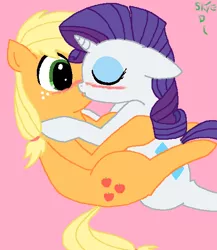 Size: 530x610 | Tagged: safe, artist:weaselbear, derpibooru import, applejack, rarity, blushing, female, kissing, lesbian, rarijack, shipping