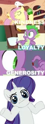 Size: 828x2286 | Tagged: derpibooru import, fluttershy, :i, looking at you, meta, rarity, safe, shrug, shrugpony, spike, text