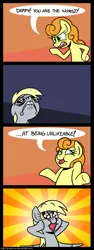 Size: 600x1601 | Tagged: safe, artist:zicygomar, derpibooru import, carrot top, derpy hooves, golden harvest, earth pony, pegasus, pony, comic, crying, dialogue, dilated pupils, female, mare, open mouth, shrug, speech bubble, sunburst background