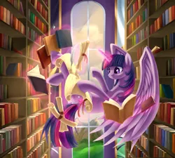 Size: 1000x900 | Tagged: safe, artist:aurarrius, derpibooru import, twilight sparkle, twilight sparkle (alicorn), alicorn, pony, book, female, library, magic, mare, reading, scroll, solo