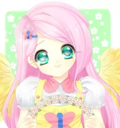 Size: 1699x1800 | Tagged: artist:manouazumi, bust, colored pupils, cute, derpibooru import, female, flower, fluttershy, human, humanized, safe, shyabetes, solo, winged humanization, wings