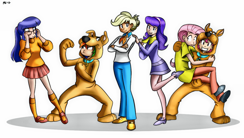 Size: 1280x725 | Tagged: applejack, artist:megasweet, artist:trelwin, canter girls, clothes, cosplay, costume, derpibooru import, fluttershy, human, humanized, mane six, parody, pinkie pie, rainbow dash, rarity, safe, scooby doo, scrappy doo, twilight sparkle