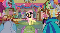 Size: 761x424 | Tagged: berry punch, berryshine, caption, daisy, derpibooru import, edit, edited screencap, flower wishes, fluttershy, groucho mask, linky, magical mystery cure, meme, safe, screencap, shoeshine, vinyl scratch, youtube caption