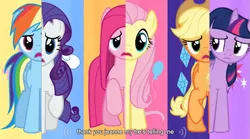 Size: 763x425 | Tagged: applejack, caption, derpibooru import, edit, edited screencap, fluttershy, magical mystery cure, meme, pinkie pie, rainbow dash, rarity, safe, screencap, swapped cutie marks, twilight sparkle, youtube caption