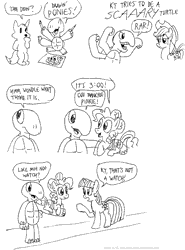 Size: 797x1076 | Tagged: anthro, anthro oc, artist:kturtle, comic, derpibooru import, monochrome, non-mlp oc, oc, oc:kinky turtle, pinkie pie, safe, twilight sparkle