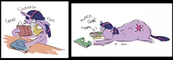 Size: 1222x430 | Tagged: bibliovore, book, derpibooru import, eating, fat, nom, object stuffing, pica, prone, safe, solo, that pony sure does love books, twilight sparkle, wat