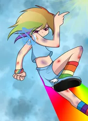 Size: 2550x3501 | Tagged: artist:polkadot-creeper, bruised, derpibooru import, flying, human, humanized, injured, rainbow dash, safe