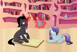 Size: 1000x667 | Tagged: safe, artist:stasysolitude, derpibooru import, king sombra, sapphire joy, crystal pony, pony, a tale of one shadow, book, bored, image, jpeg, library, magic, sombra's cutie mark, telekinesis, younger
